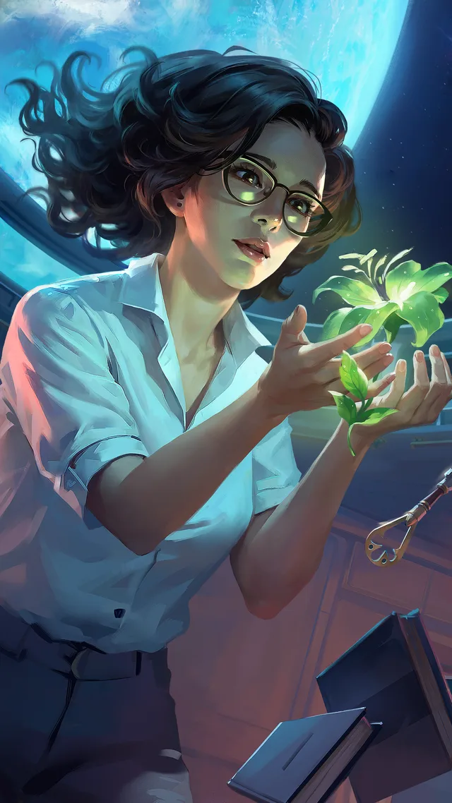 Miranda examining a glowing plant in official Rivage artwork