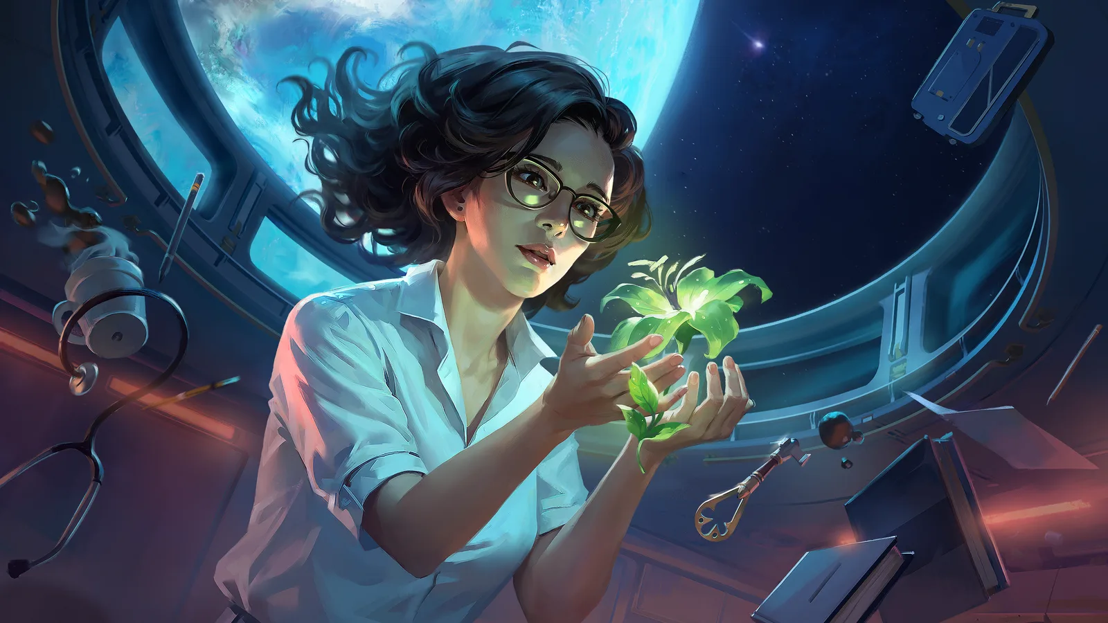 Official Rivage artwork of Miranda holding a glowing plant beneath a blue planet