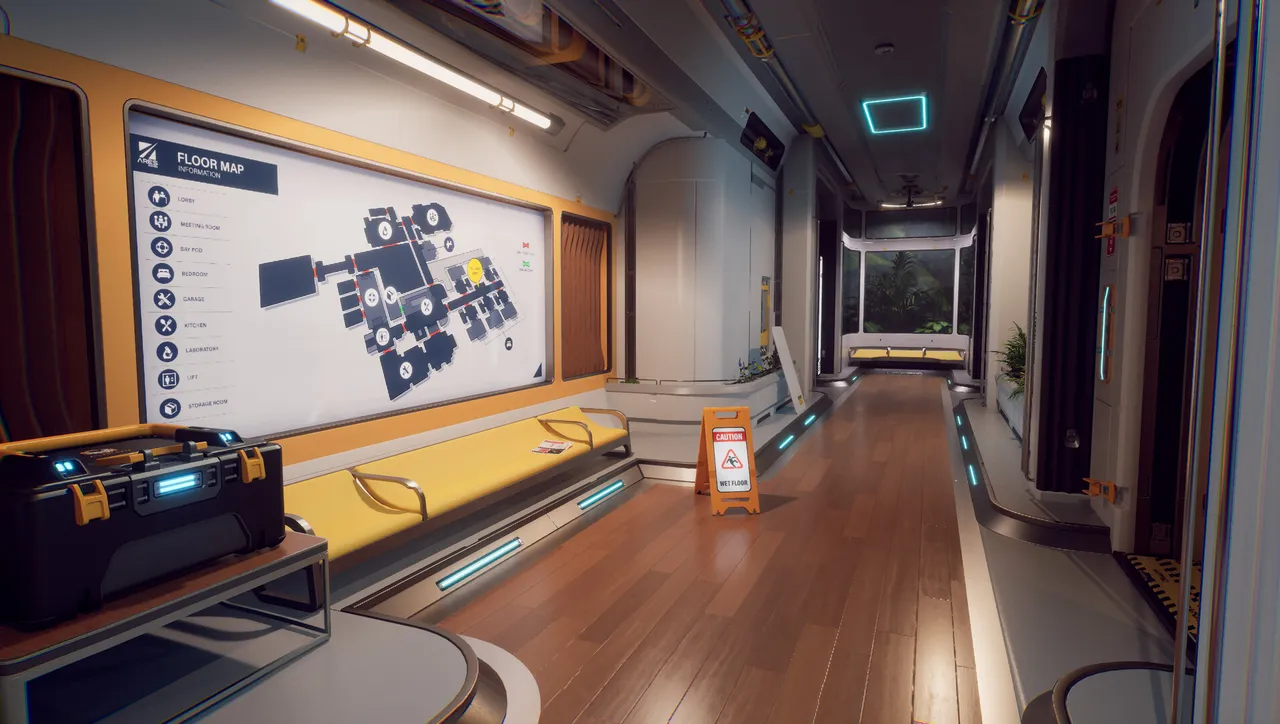 A.R.E.S. corridor with an illuminated floor map, yellow seats and blue guide lights