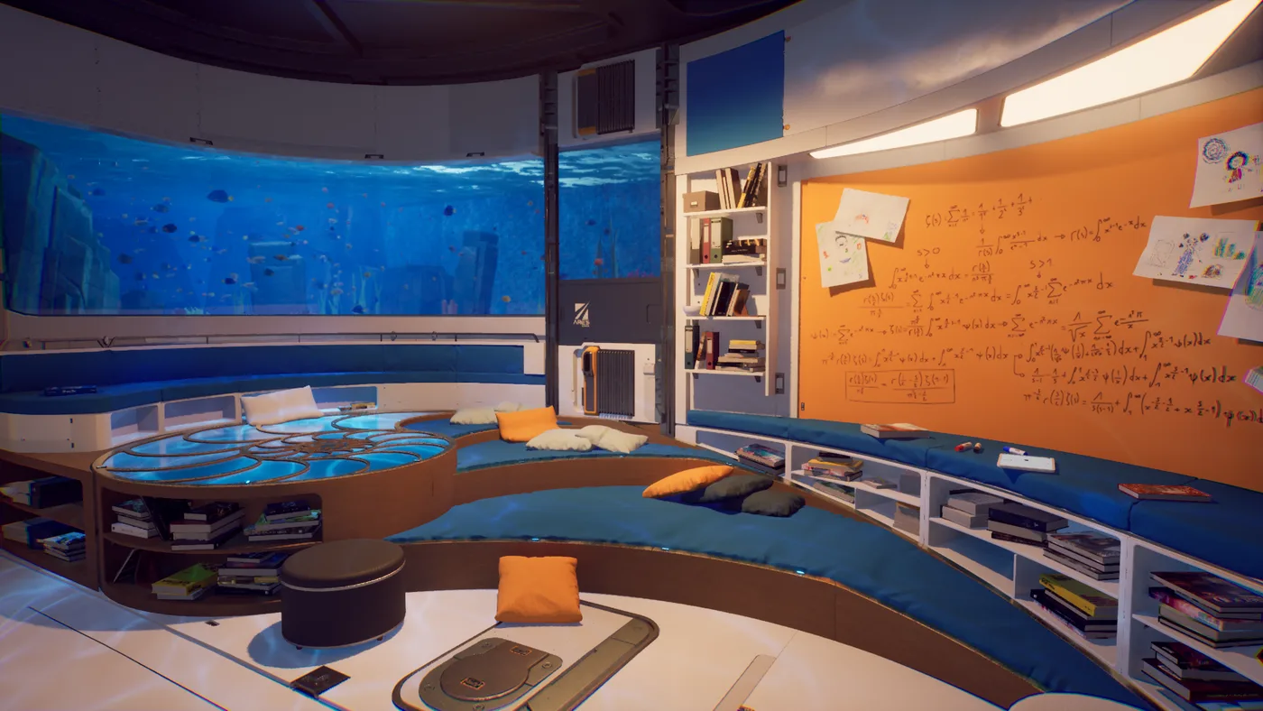 Rivage station lounge with a panoramic aquarium, blue seating and a wall of equations